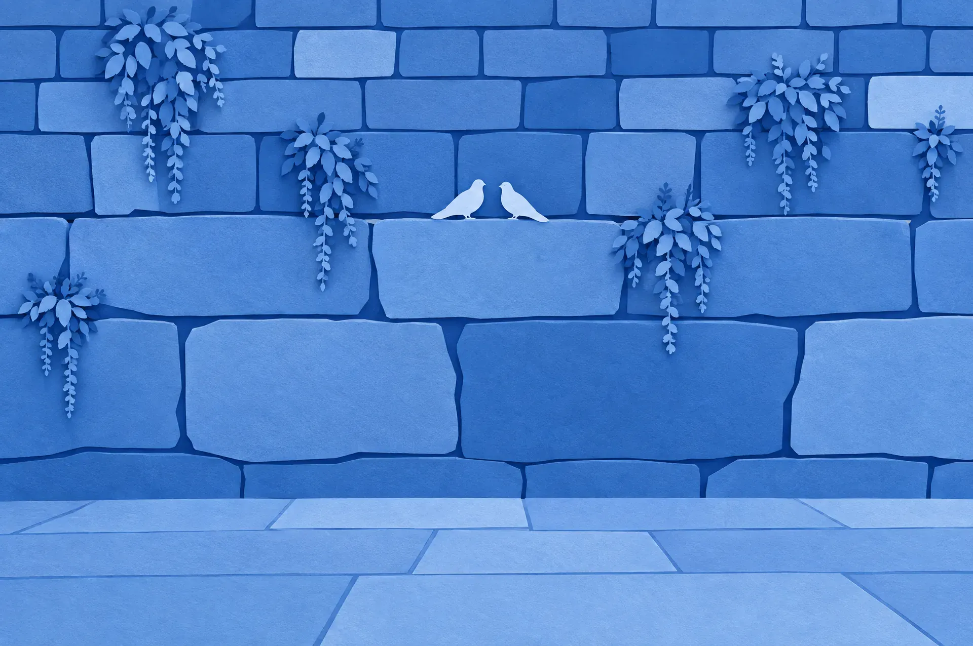 The Western Wall in blue cut paper.