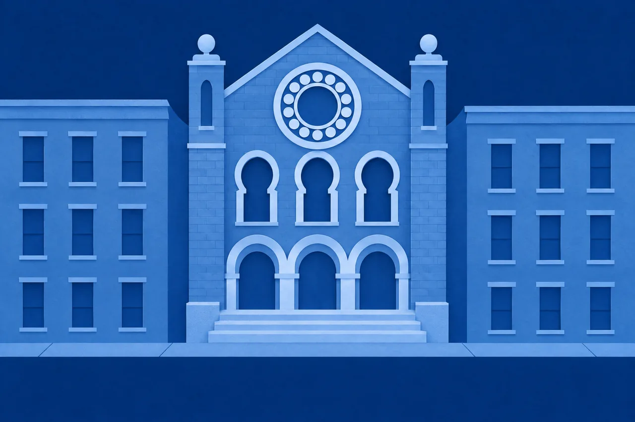The Eldridge Street Synagogue in blue cut paper.