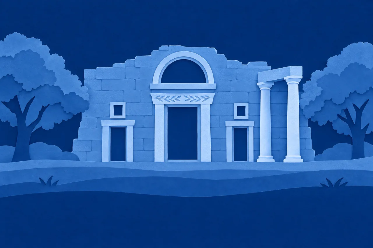 The Ancient Synagogue at Kfar Baram in blue cut paper.