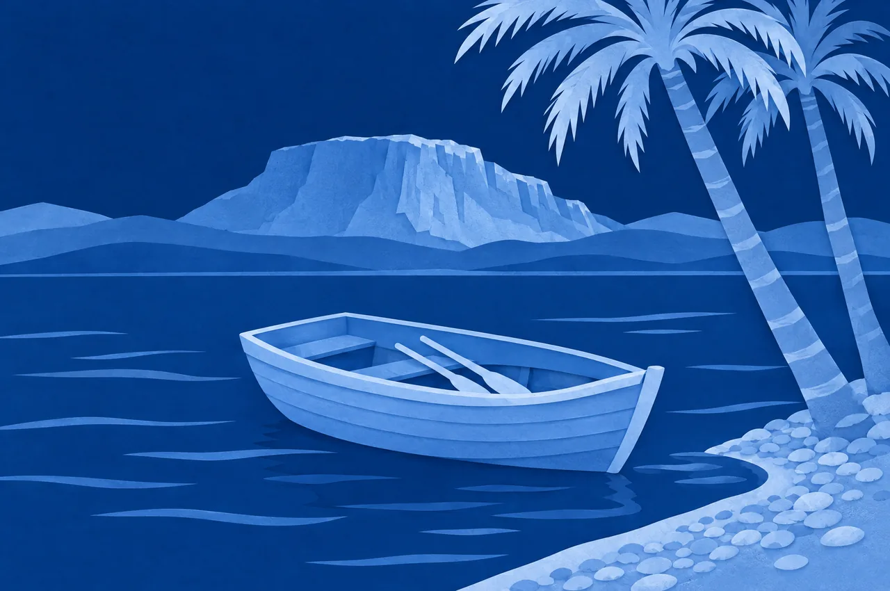 The Shore of the Sea of Galilee in blue cut paper.