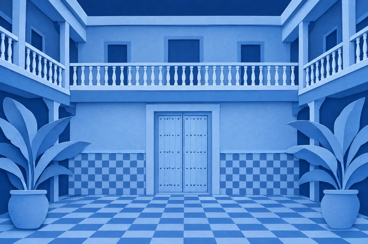 The Mellah and Slat al-Azama in blue cut paper.