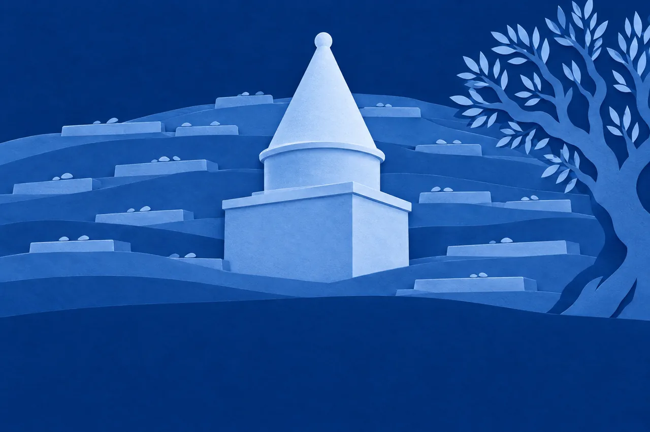 The Mount of Olives in blue cut paper.
