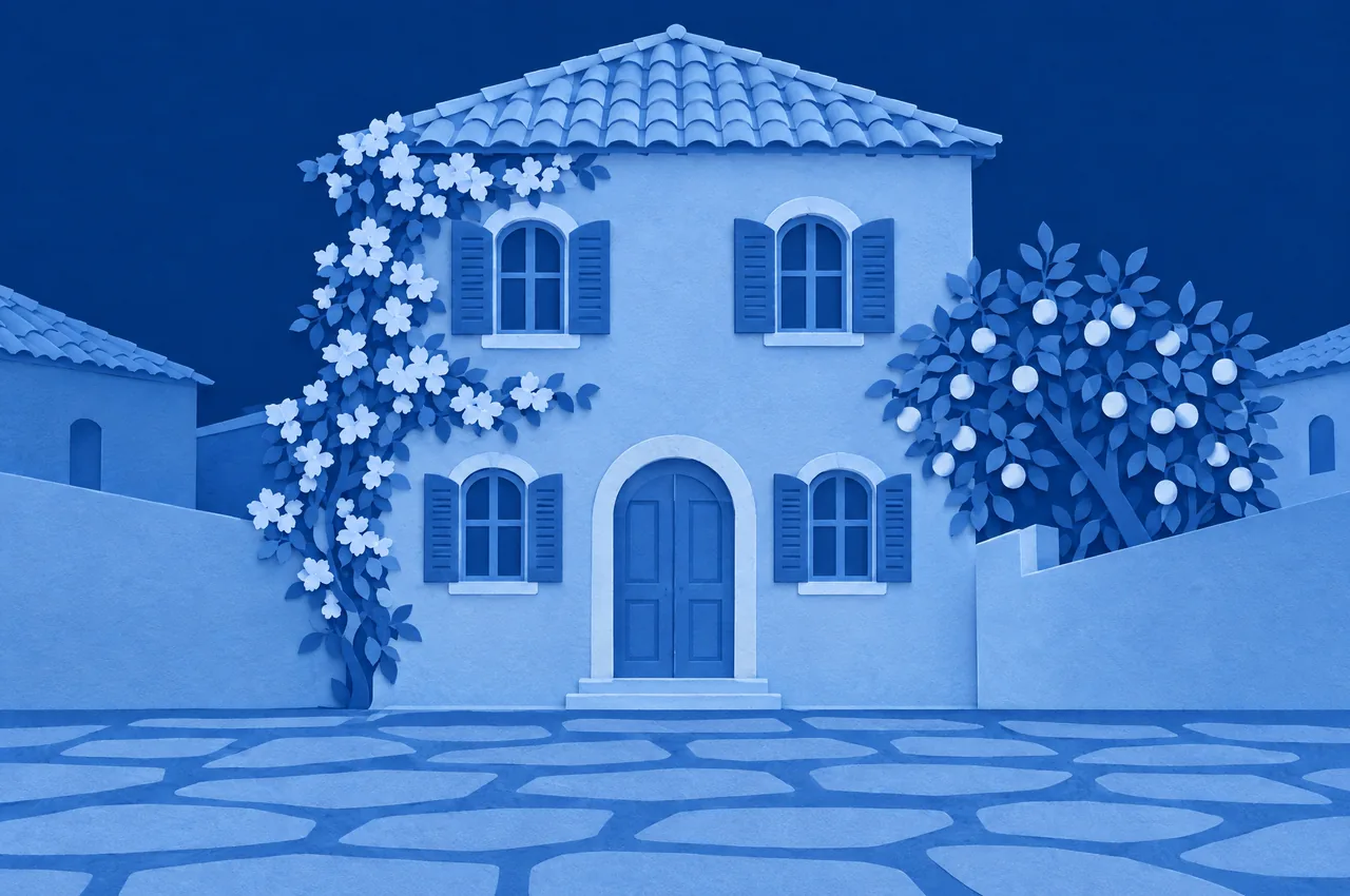Neve Tzedek in blue cut paper.