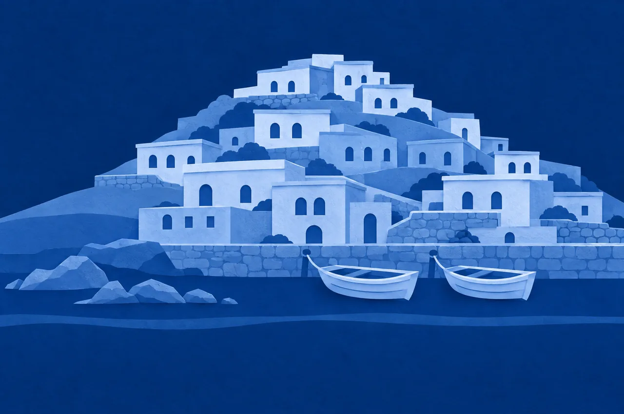 Old Jaffa and the Port in blue cut paper.