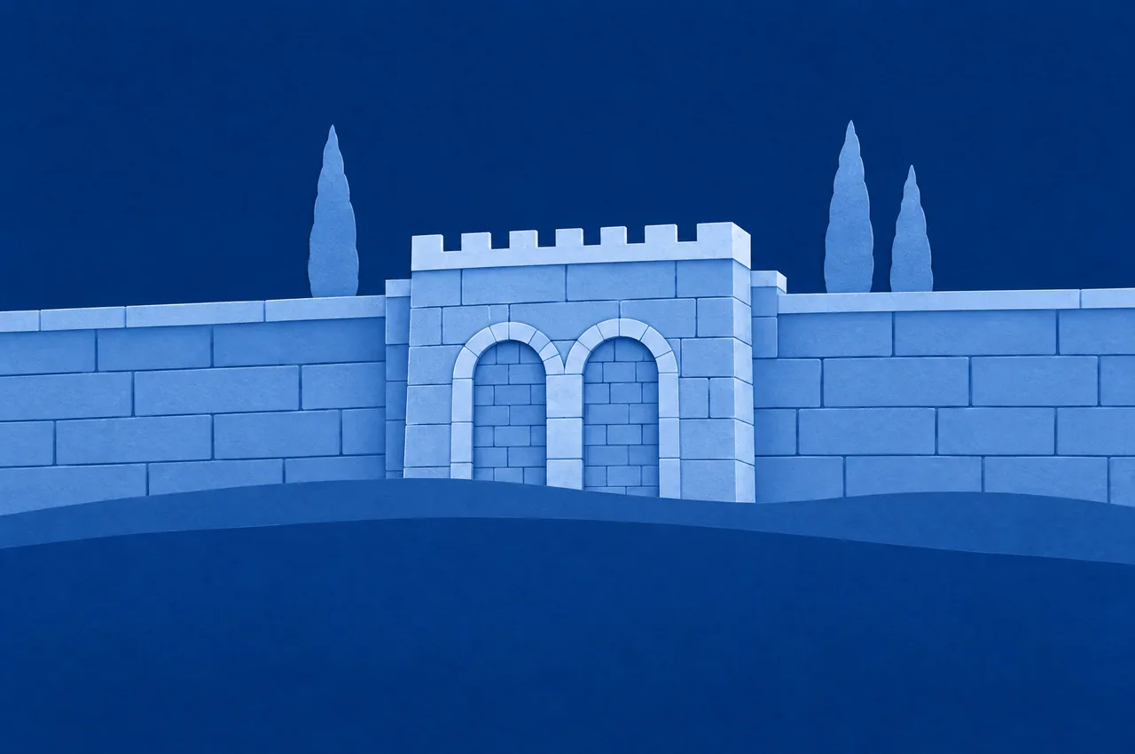 The Temple Mount Overlook in blue cut paper.