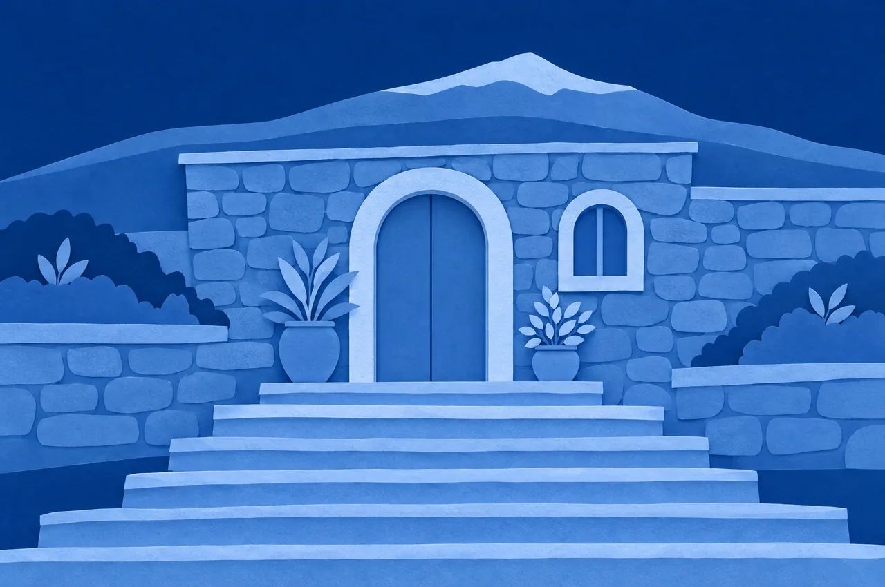 Tzfat and Its Synagogues in blue cut paper.