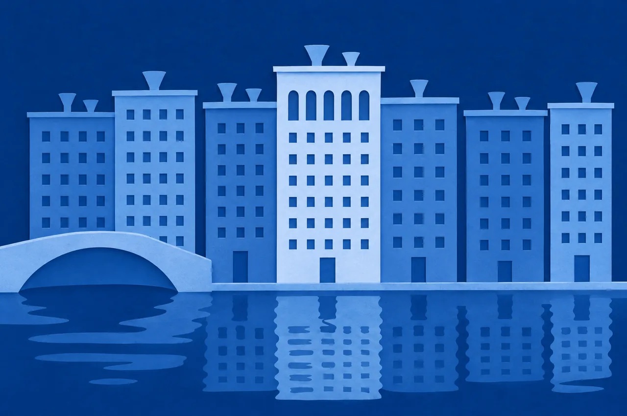 The Venetian Ghetto in blue cut paper.