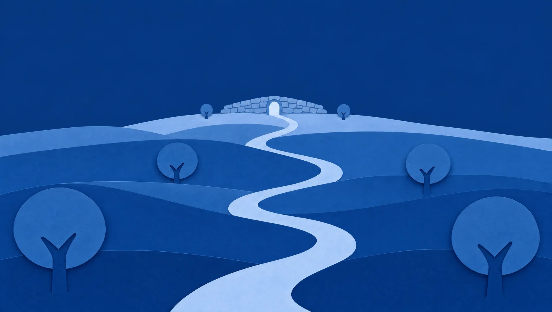 Blue paper hills, and a pale path winding up to an open gate in a stone wall.