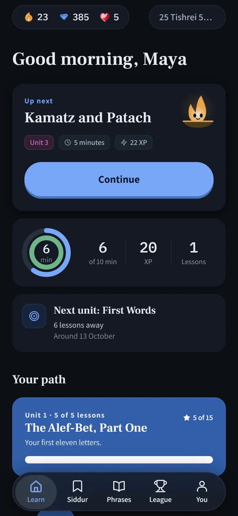 The Learn tab for someone who knows the alef-bet.