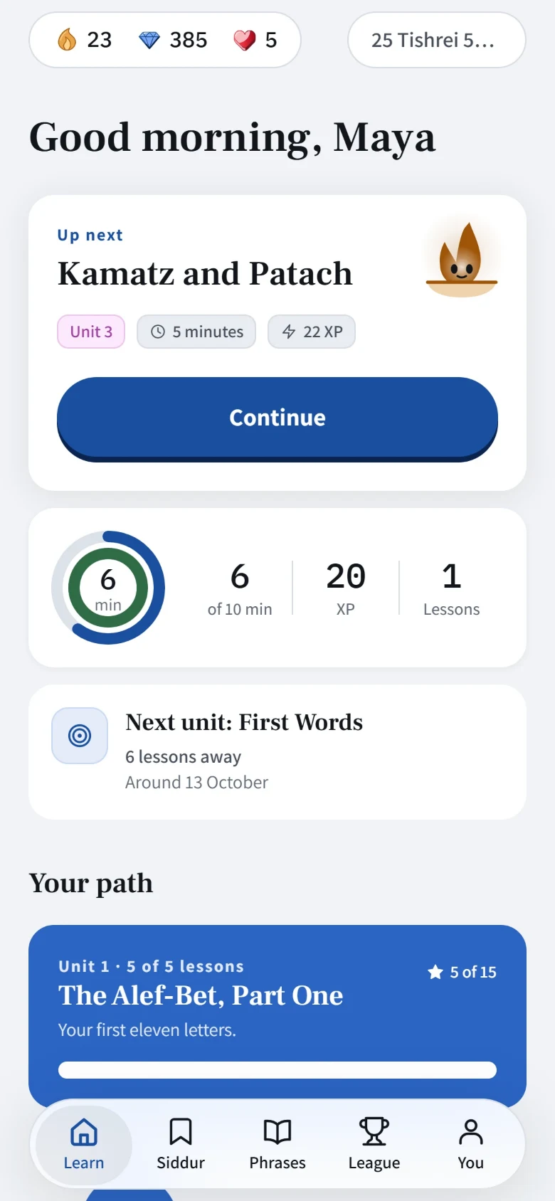 The Learn tab for someone who knows the alef-bet.