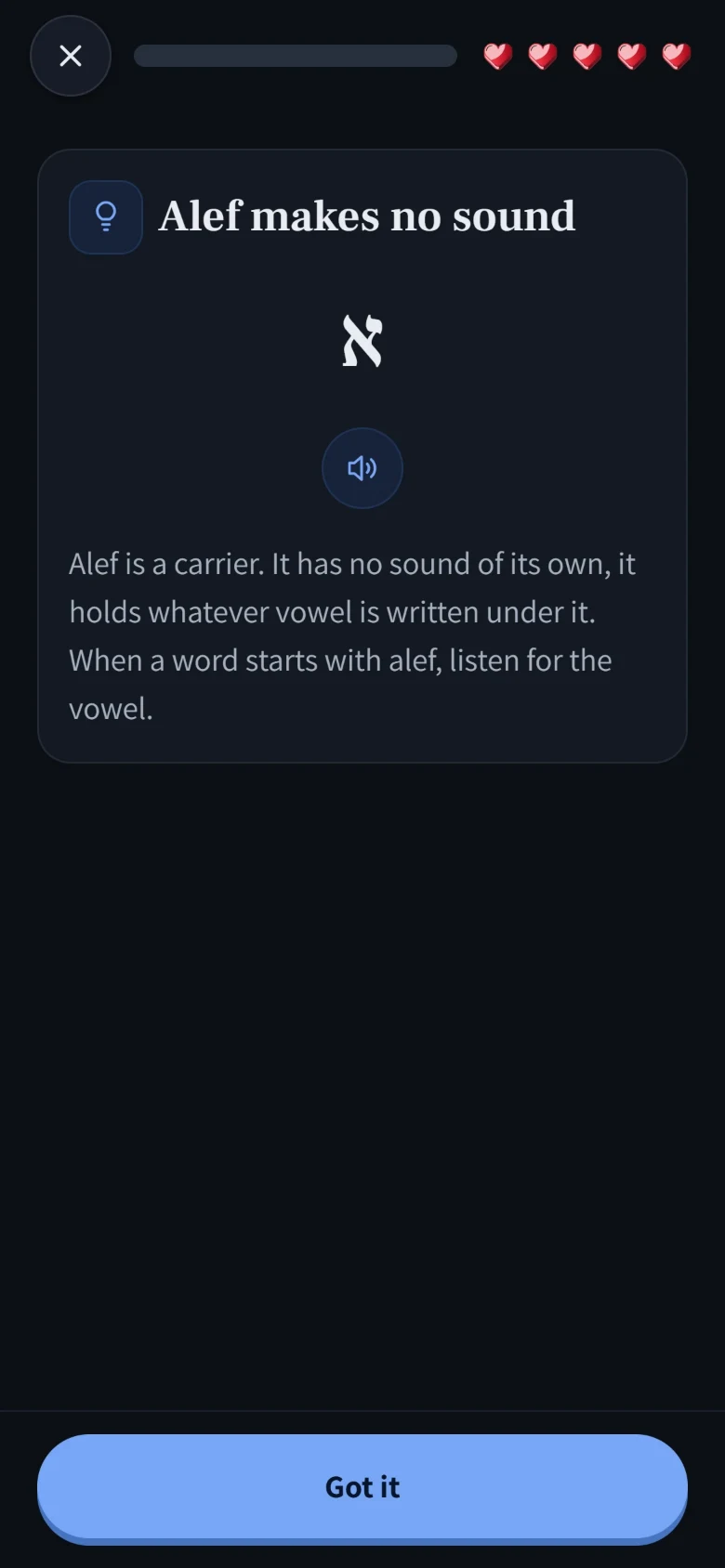 A lesson card in OrQuest headed “Alef makes no sound”, with the letter alef, a speaker button and a few lines on how alef carries a vowel.