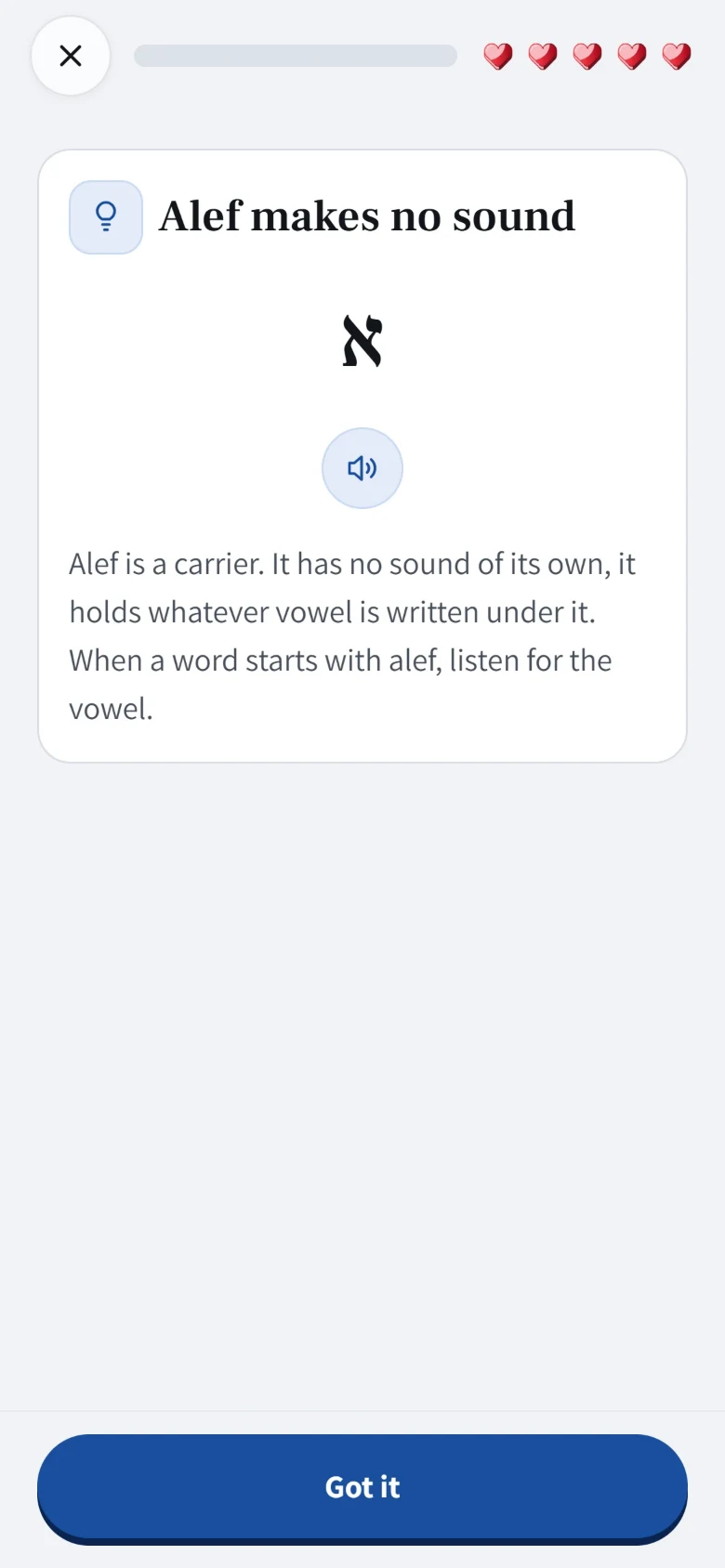 A lesson card in OrQuest headed “Alef makes no sound”, with the letter alef, a speaker button and a few lines on how alef carries a vowel.