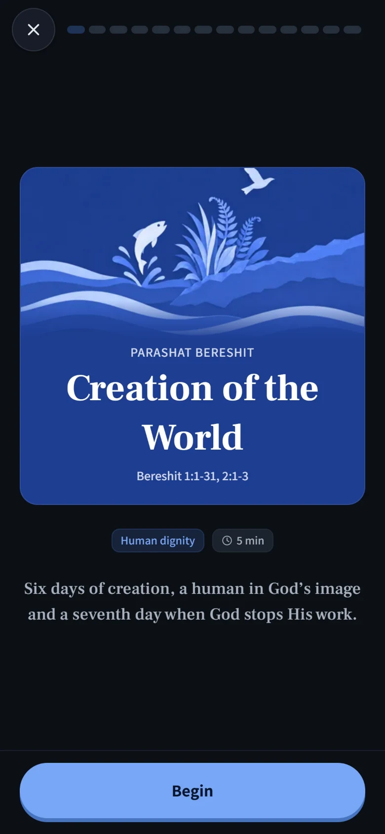 The first page of a story in the app: its picture, its parashah, its title, the value it teaches and one line that sums it up.