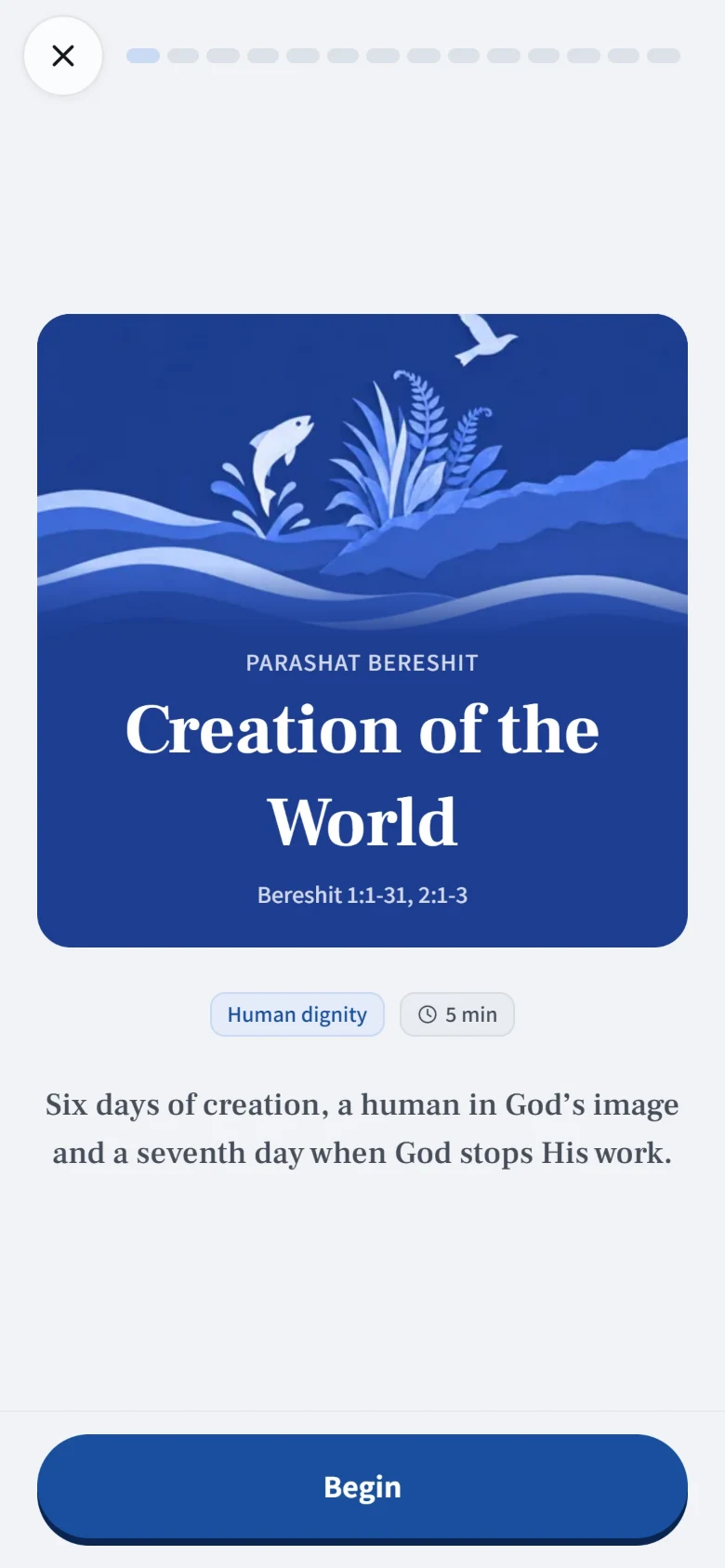 The first page of a story in the app: its picture, its parashah, its title, the value it teaches and one line that sums it up.