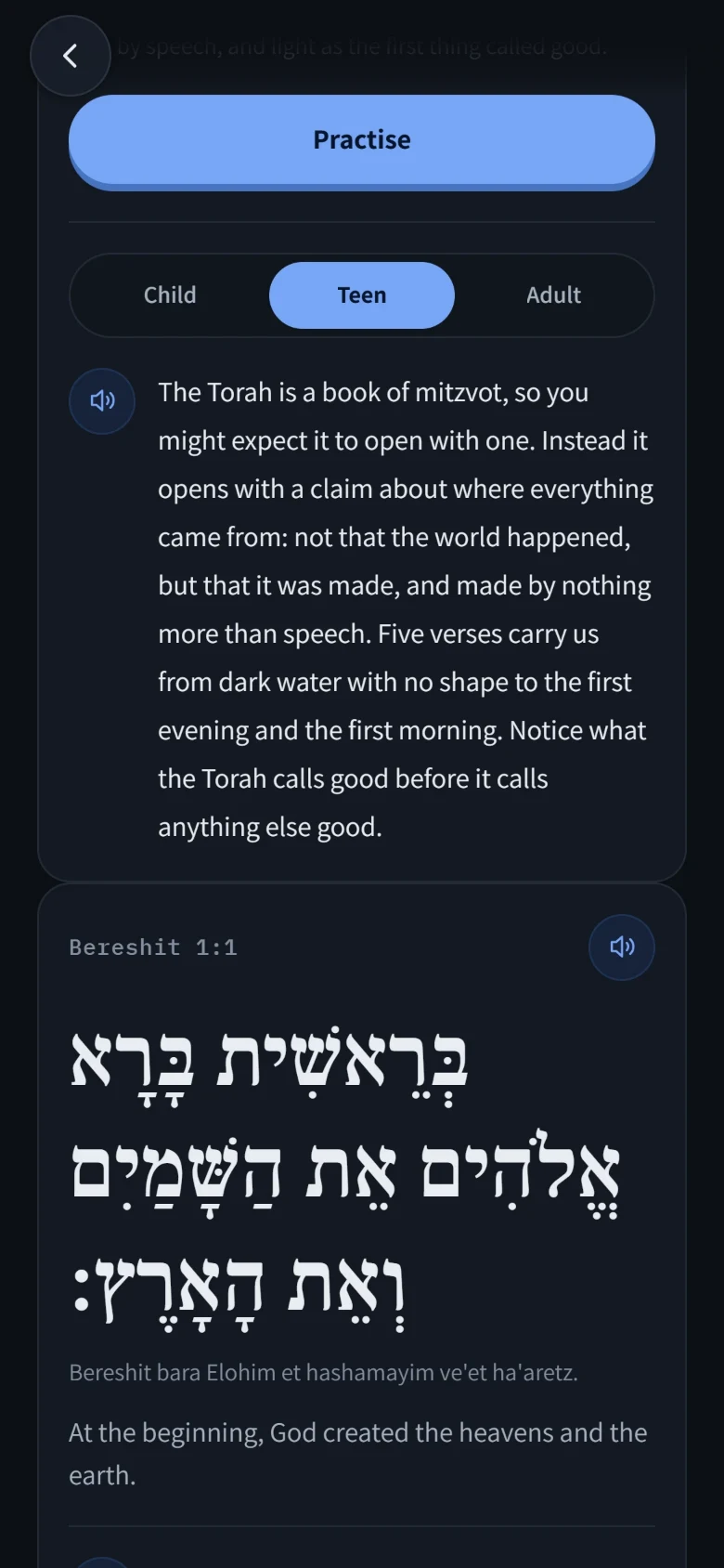 The reading screen in the OrQuest app: the teen explanation of the Torah’s opening verses, then Bereshit 1:1 in Hebrew with its transliteration and plain translation.