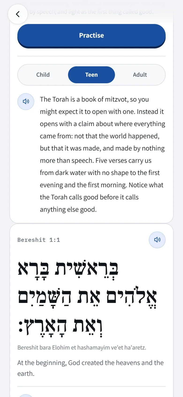 The reading screen in the OrQuest app: the teen explanation of the Torah’s opening verses, then Bereshit 1:1 in Hebrew with its transliteration and plain translation.